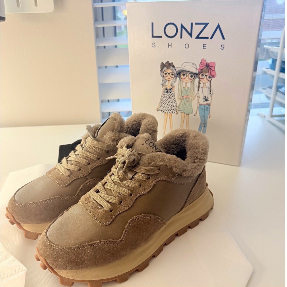 NEW LONZA Shoes Brown Fur Sneakers Tennis Shoes Outdoors Leather Suede SZ 40